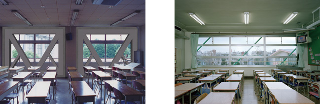 図版:聖学院小学校 CGによる従来構法(左)とパラレル構法(右)の比較